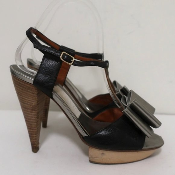 Lanvin Bow T-Strap Sandals Silver & Black Size 37 - Picture 2 of 12